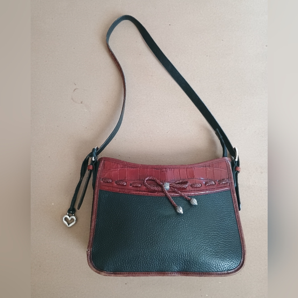 Brighton Emma Black & Brown Croc Pebbled Leather Shoulder Bag Purse